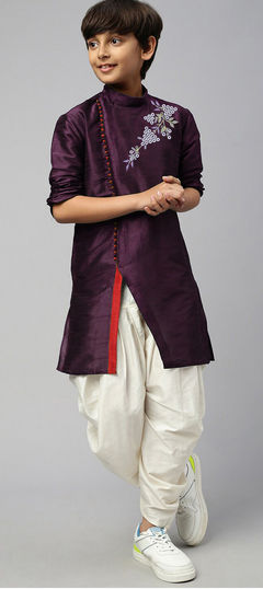 Purple and Violet color Boys Dhoti Kurta in Dupion Silk fabric with Embroidered, Thread work