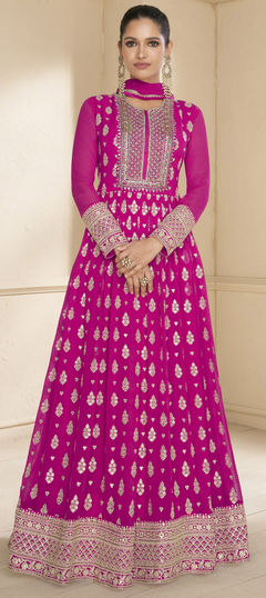 Reception, Wedding Pink and Majenta color Salwar Kameez in Faux Georgette fabric with Anarkali Embroidered, Sequence, Thread work : 1953282