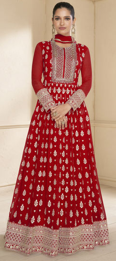 Reception, Wedding Red and Maroon color Salwar Kameez in Faux Georgette fabric with Anarkali Embroidered, Sequence, Thread work : 1953284