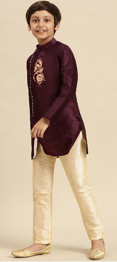 Purple and Violet color Boys Kurta Pyjama in Dupion Silk fabric with Embroidered, Thread work