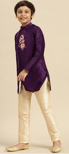 Purple and Violet color Boys Kurta Pyjama in Dupion Silk fabric with Embroidered, Thread work