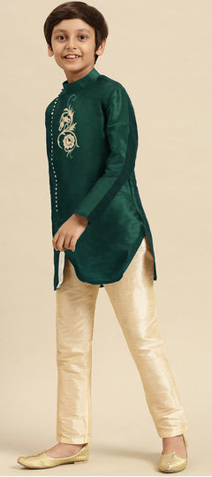 Green color Boys Kurta Pyjama in Dupion Silk fabric with Embroidered, Thread work