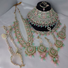 Green, Pink and Majenta color Bridal Jewelry in Metal Alloy studded with CZ Diamond, Pearl & Gold Rodium Polish : 1953315