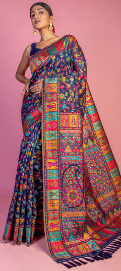 Festive, Reception, Traditional Blue color Saree in Pashmina fabric with South Floral, Printed work : 1953464