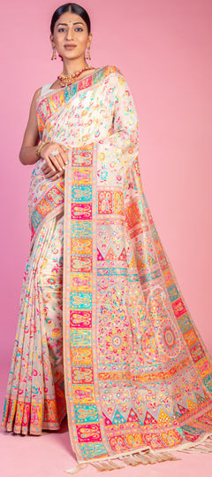 Festive, Reception, Traditional White and Off White color Saree in Pashmina fabric with South Floral, Printed work : 1953466