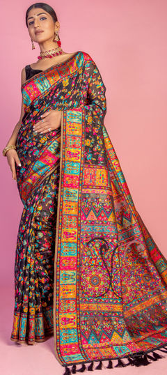 Festive, Reception, Traditional Black and Grey color Saree in Pashmina fabric with South Floral, Printed work : 1953467