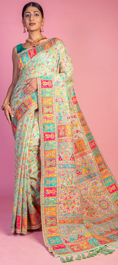 Festive, Reception, Traditional Green color Saree in Pashmina fabric with South Floral, Printed work : 1953468