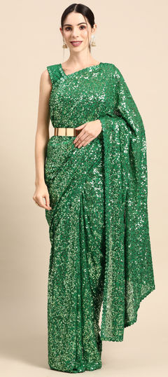 Engagement, Mehendi Sangeet, Wedding Green color Saree in Faux Georgette fabric with Classic Sequence, Thread work : 1953484