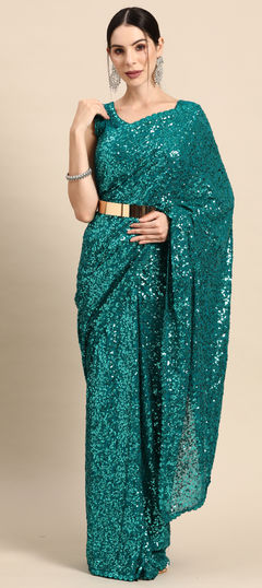 Engagement, Mehendi Sangeet, Wedding Blue color Saree in Faux Georgette fabric with Classic Sequence, Thread work : 1953485