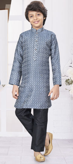 Black and Grey color Boys Kurta Pyjama in Jacquard fabric with Embroidered, Thread work