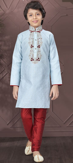 Blue color Boys Kurta Pyjama in Jacquard fabric with Embroidered, Stone, Thread work