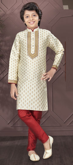 White and Off White color Boys Kurta Pyjama in Jacquard fabric with Embroidered, Thread work