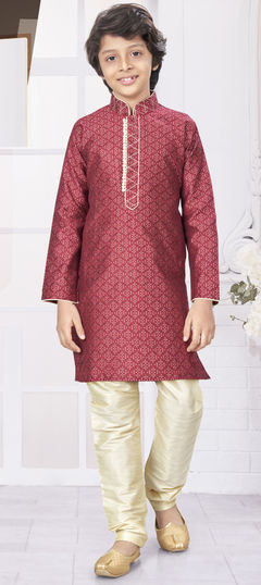 Red and Maroon color Boys Kurta Pyjama in Jacquard fabric with Embroidered, Thread work