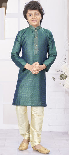 Green color Boys Kurta Pyjama in Jacquard fabric with Embroidered, Thread work