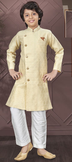 Party Wear Gold color Boys Indo-Western in Jacquard fabric with Thread work : 1953590