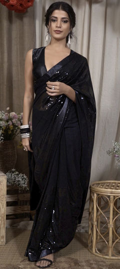 Black and Grey color Saree in Georgette fabric with Sequence work