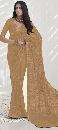 Beige and Brown color Saree in Georgette fabric with Sequence work