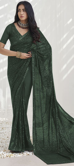 Green color Saree in Georgette fabric with Sequence work