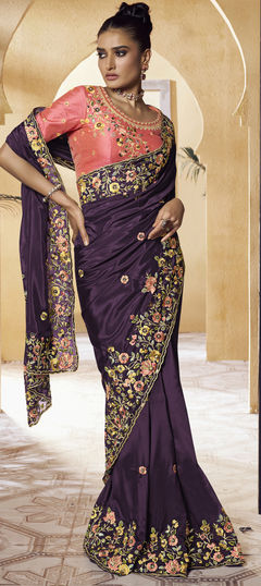 Purple and Violet color Saree in Crepe Silk fabric with Embroidered, Sequence, Thread work