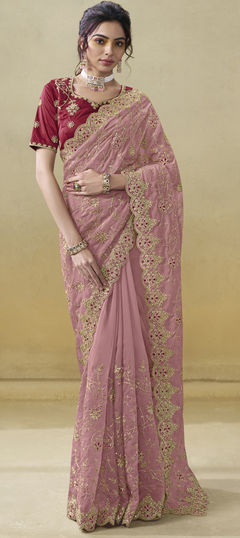 Pink and Majenta color Saree in Organza Silk fabric with Embroidered, Thread, Zircon work