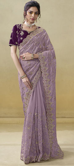 Purple and Violet color Saree in Organza Silk fabric with Embroidered, Thread, Zircon work