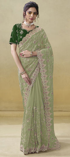 Green color Saree in Organza Silk fabric with Embroidered, Thread, Zircon work