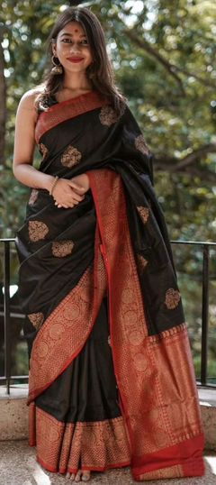 Black and Grey color Saree in Art Silk fabric with Weaving, Zari work