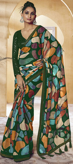 Multicolor color Saree in Satin Silk fabric with Printed, Sequence work