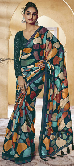 Multicolor color Saree in Satin Silk fabric with Printed, Sequence work