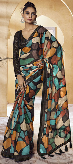 Multicolor color Saree in Satin Silk fabric with Printed, Sequence work