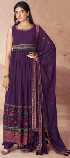 Mehendi Sangeet, Reception, Wedding Purple and Violet color Salwar Kameez in Georgette fabric with Anarkali Embroidered, Sequence, Thread work : 1954135