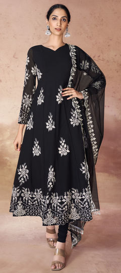 Mehendi Sangeet, Reception, Wedding Black and Grey color Salwar Kameez in Georgette fabric with Anarkali Embroidered, Sequence, Thread work : 1954137