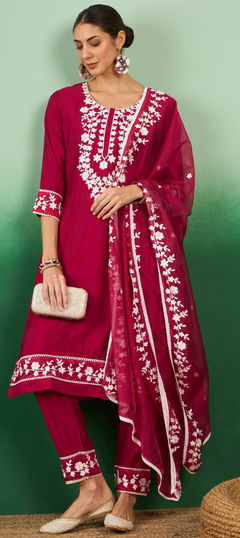 Pink and Majenta color Salwar Kameez in Art Silk fabric with Embroidered, Resham, Thread work