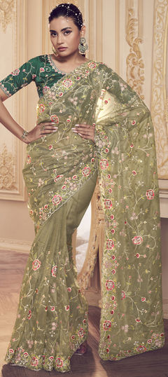 Green color Saree in Net fabric with Embroidered, Sequence, Thread work