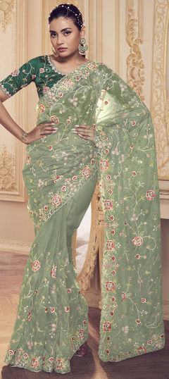 Green color Saree in Net fabric with Embroidered, Sequence, Thread work