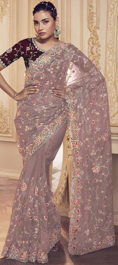 Purple and Violet color Saree in Net fabric with Embroidered, Sequence, Thread work