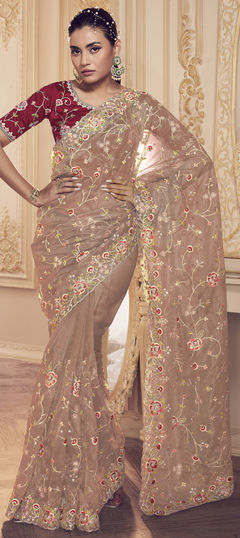 Beige and Brown color Saree in Net fabric with Embroidered, Sequence, Thread work