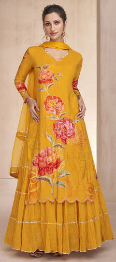 Yellow color Long Lehenga Choli in Muslin fabric with Mirror, Sequence, Thread work