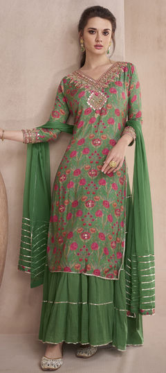 Green color Long Lehenga Choli in Muslin fabric with Embroidered, Sequence, Thread, Zari work