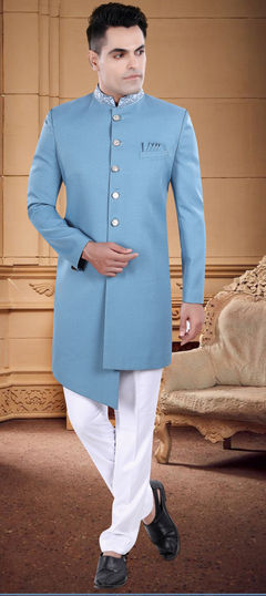 Blue color IndoWestern Dress in Viscose fabric with Embroidered, Thread work