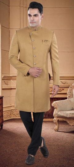 Beige and Brown color IndoWestern Dress in Viscose fabric with Embroidered, Thread work