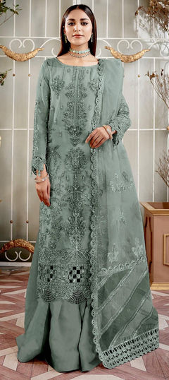 Green color Salwar Kameez in Organza Silk fabric with Embroidered, Sequence, Thread work