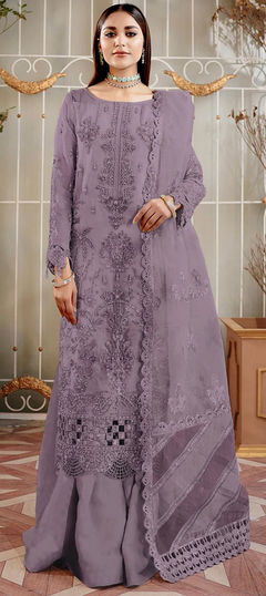 Purple and Violet color Salwar Kameez in Organza Silk fabric with Embroidered, Sequence, Thread work