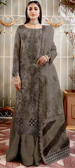 Black and Grey color Salwar Kameez in Organza Silk fabric with Embroidered, Sequence, Thread work