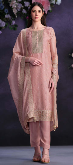 Pink and Majenta color Salwar Kameez in Organza Silk fabric with Embroidered, Sequence, Thread, Zari work