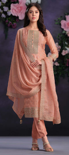 Pink and Majenta color Salwar Kameez in Organza Silk fabric with Embroidered, Sequence, Thread, Zari work