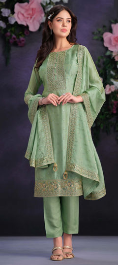 Green color Salwar Kameez in Organza Silk fabric with Embroidered, Sequence, Thread, Zari work