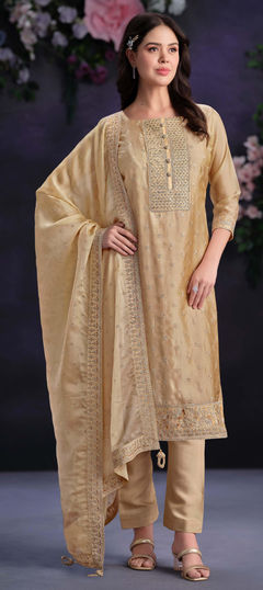 Beige and Brown color Salwar Kameez in Organza Silk fabric with Embroidered, Sequence, Thread, Zari work