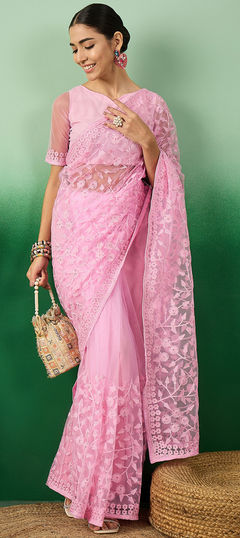 Party Wear Pink and Majenta color Saree in Net fabric with Classic Embroidered, Resham, Stone, Thread work : 1954464