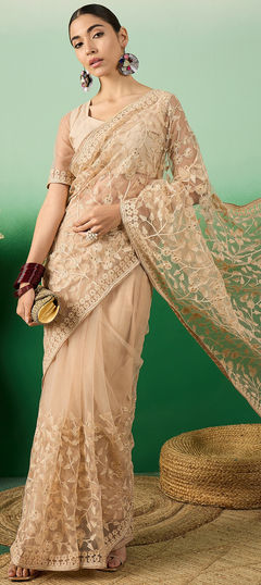 Party Wear Beige and Brown color Saree in Net fabric with Classic Embroidered, Resham, Stone, Thread work : 1954465